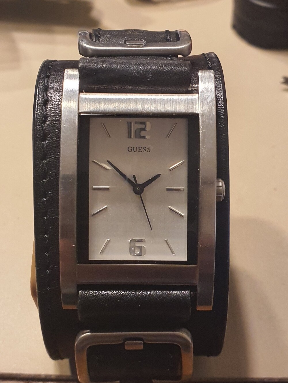 Guess Silver/Black Leather Wideband Men's Tank Watch